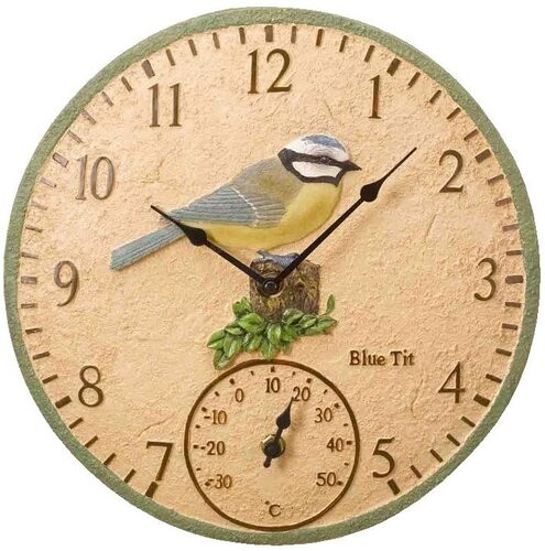 blue tit garden clock with thermometer